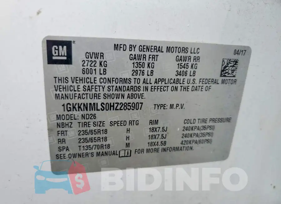 1GKKNMLS0HZ285907 Photo# 13