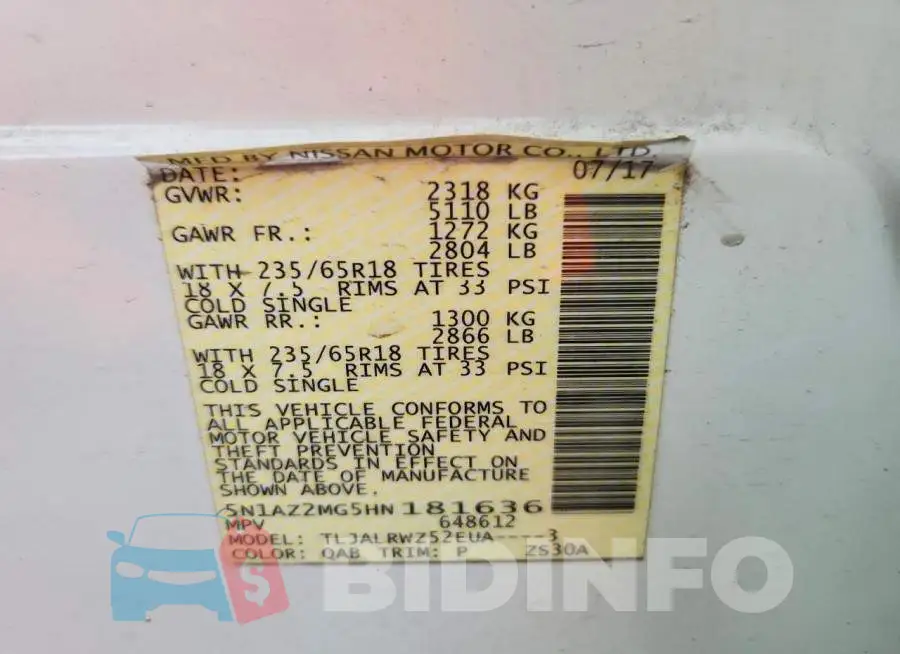 5N1AZ2MG5HN181636 Photo# 14