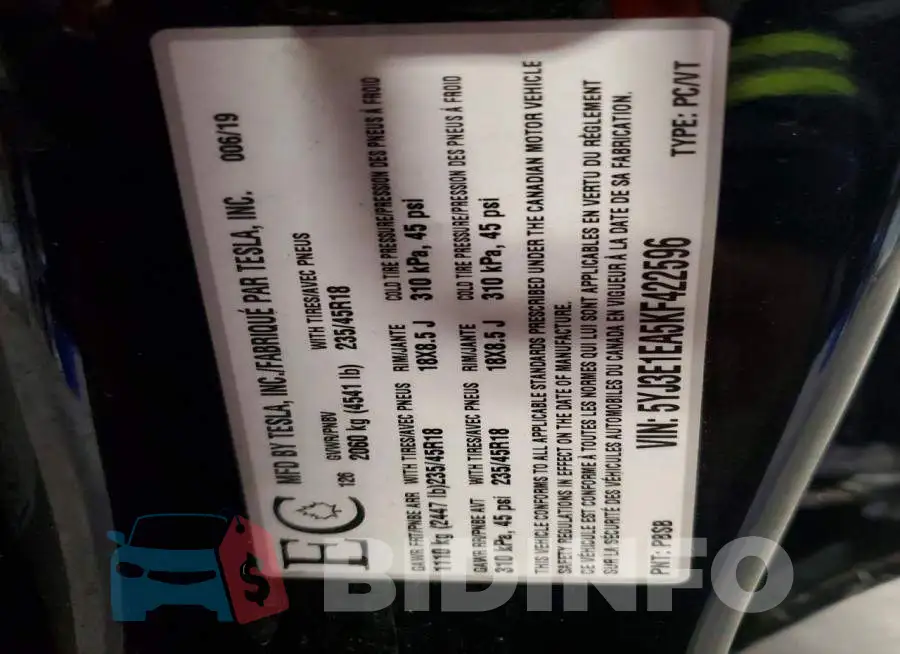 5YJ3E1EA5KF422596 Photo# 12
