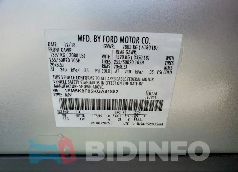 1FM5K8F85KGA91882 Photo# 14