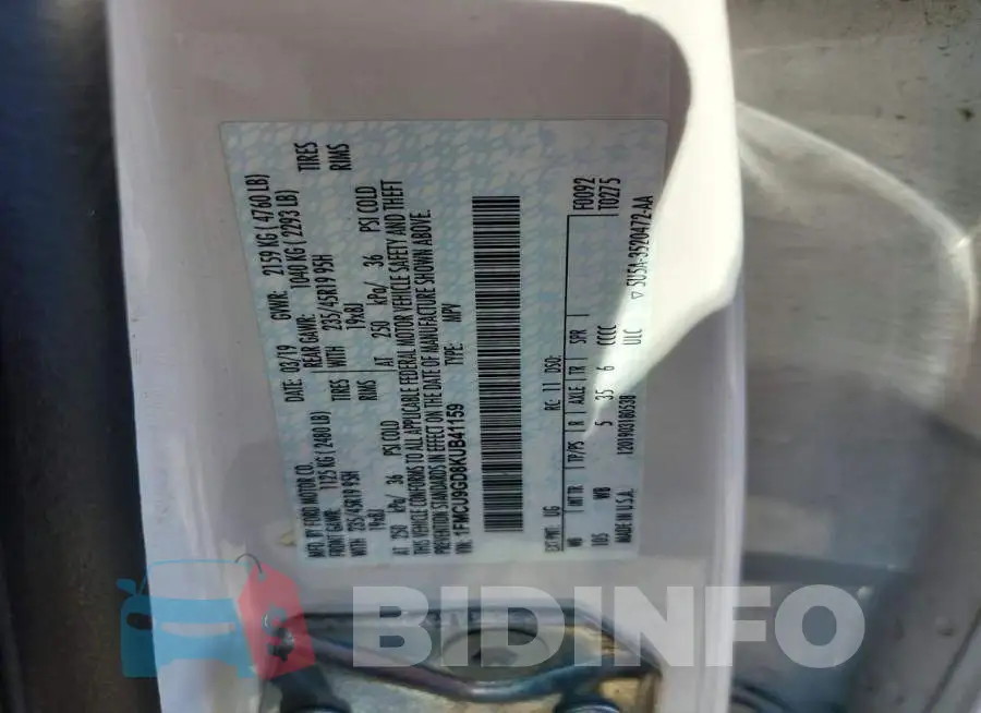 1FMCU9GD8KUB41159 Photo# 13