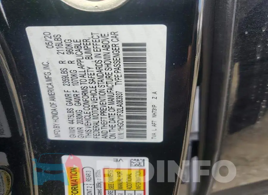 1HGCV1F32LA083937 Photo# 12