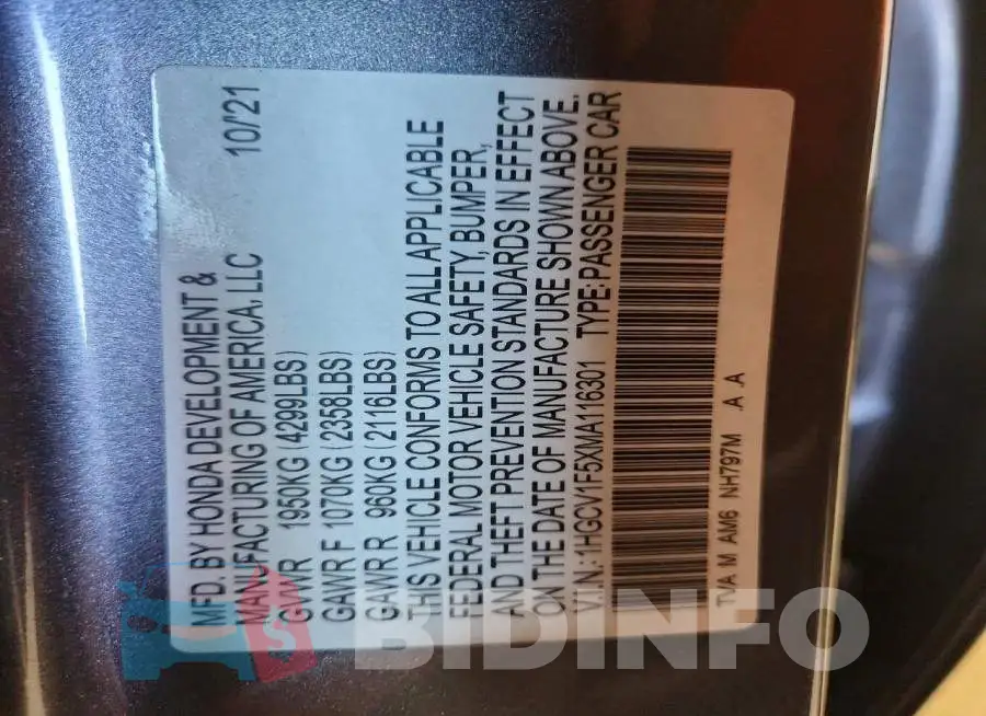 1HGCV1F5XMA116301 Photo# 12