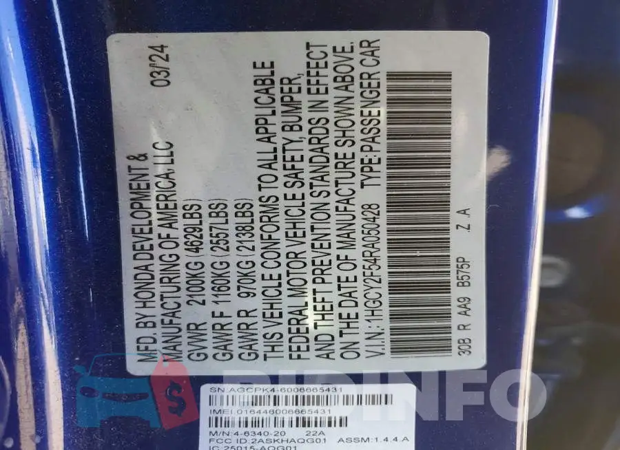 1HGCY2F54RA050428 Photo# 12
