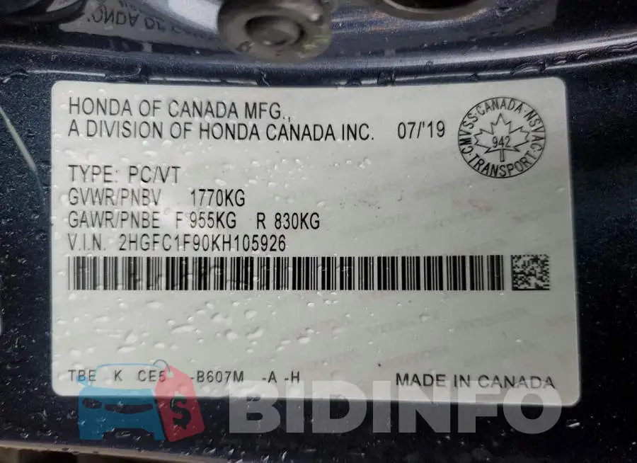2HGFC1F90KH105926 Photo# 12
