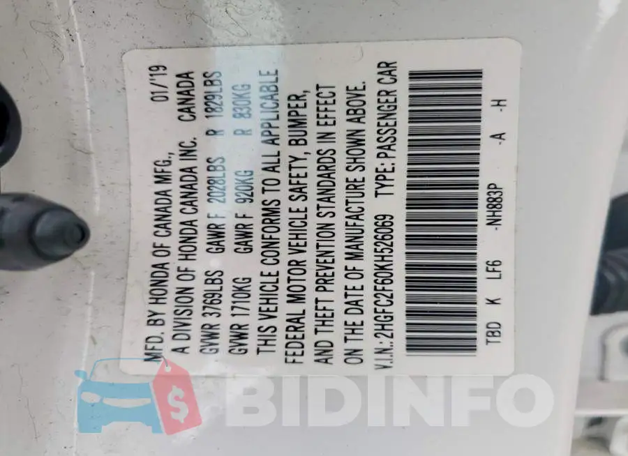 2HGFC2F60KH526069 Photo# 13