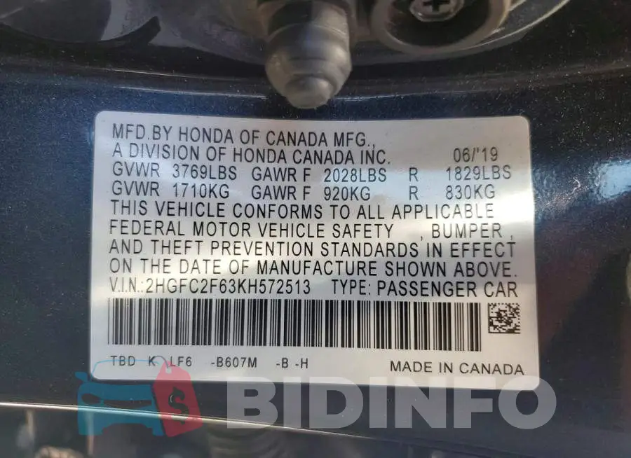 2HGFC2F63KH572513 Photo# 12