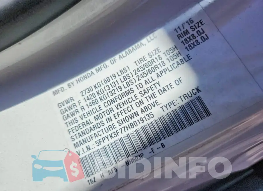 5FPYK3F77HB019135 Photo# 12