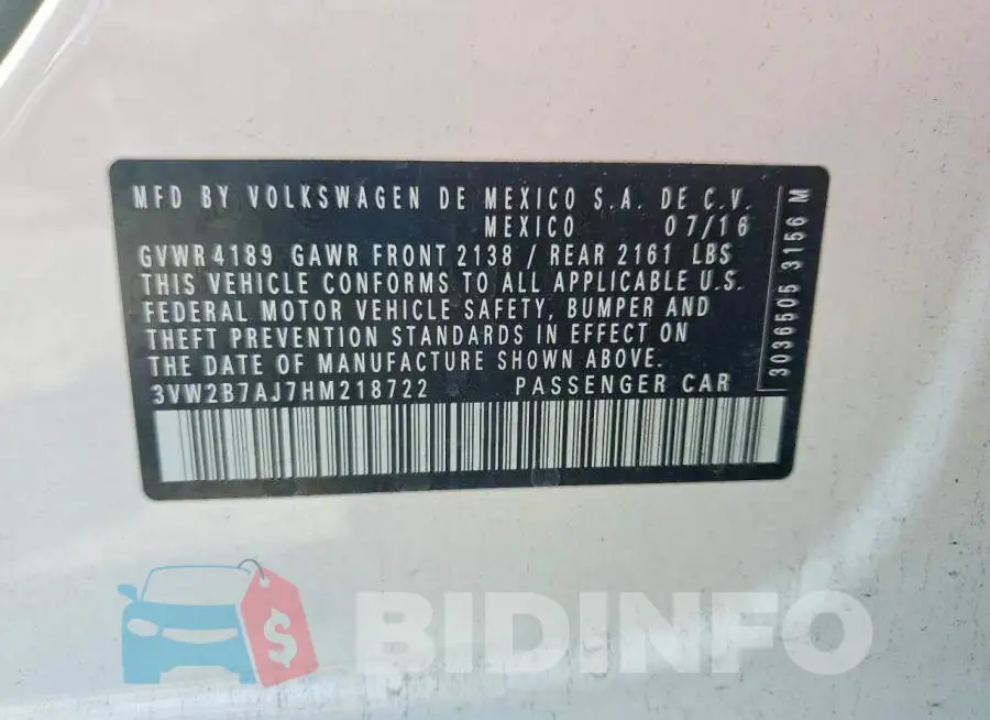 3VW2B7AJ7HM218722 Photo# 12