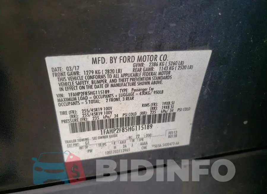 1FAHP2F85HG115189 Photo# 12