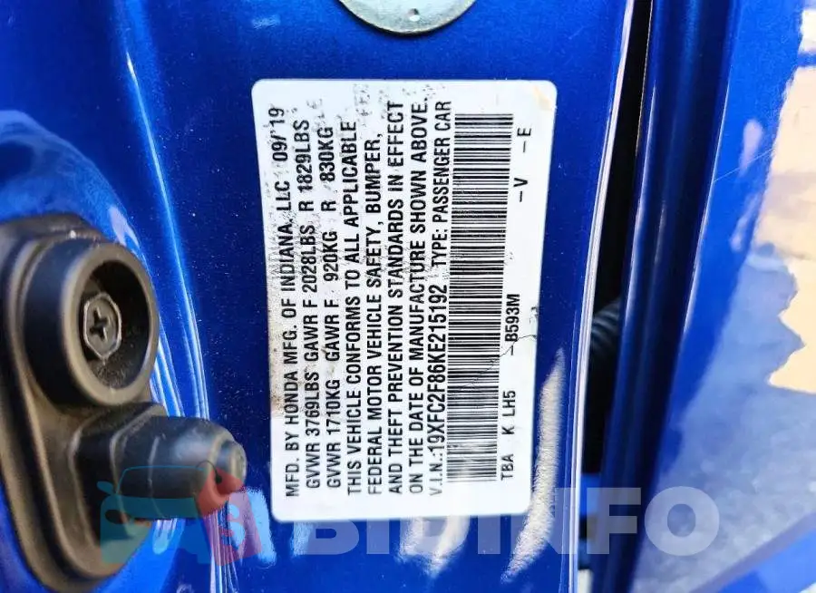19XFC2F86KE215192 Photo# 12