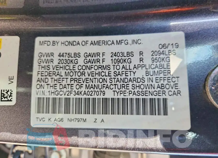 1HGCV2F34KA027079 Photo# 12