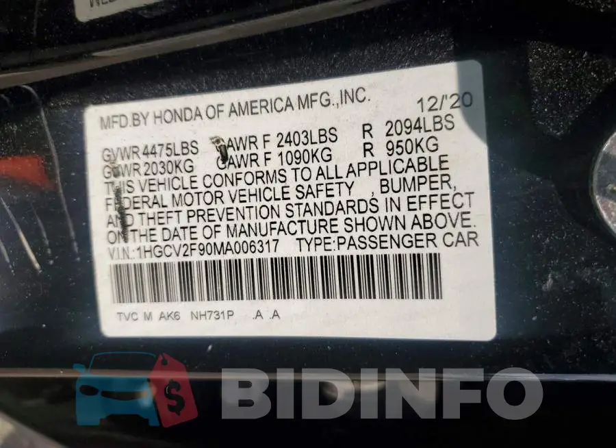1HGCV2F90MA006317 Photo# 12
