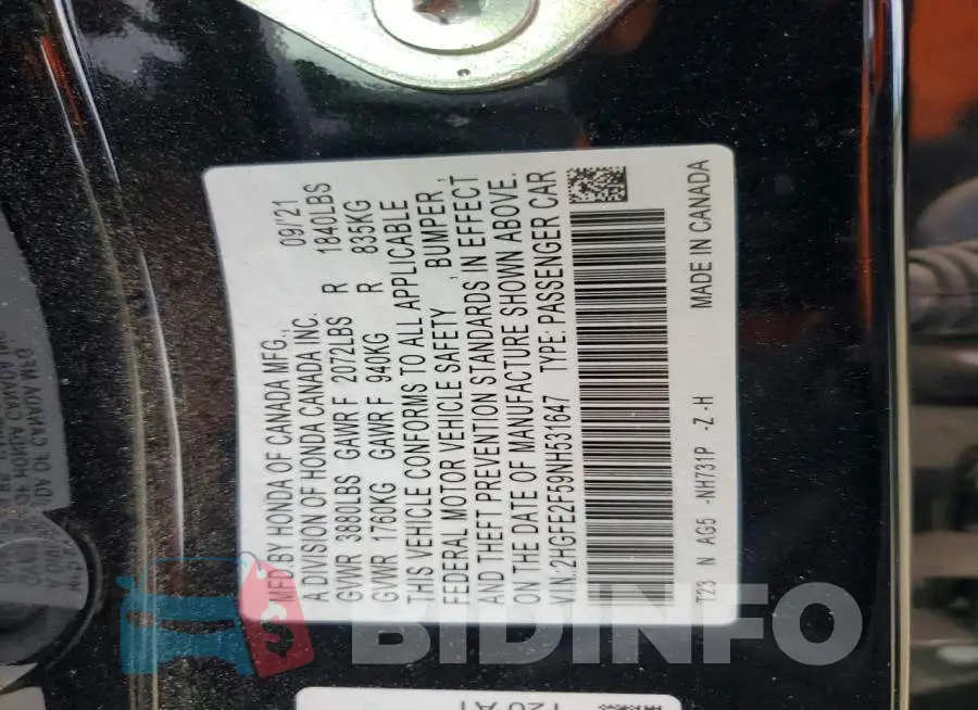 2HGFE2F59NH531647 Photo# 12