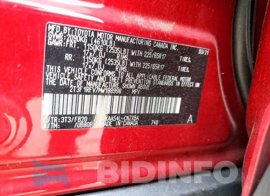 2T3F1RFV7MW188998 Photo# 12