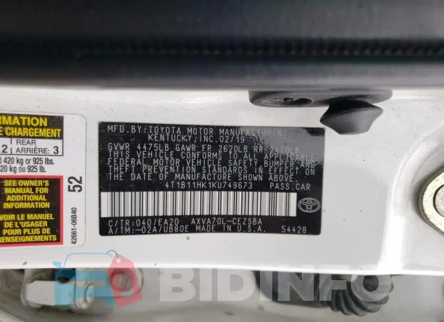 4T1B11HK1KU749673 Photo# 12