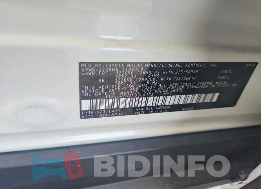 4T3B6RFV2MU008133 Photo# 12