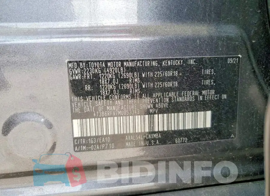 4T3B6RFV7MU053343 Photo# 13