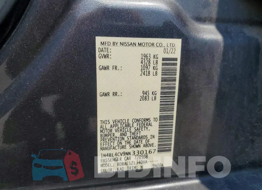 1N4BL4CV9NN330167 Photo# 12