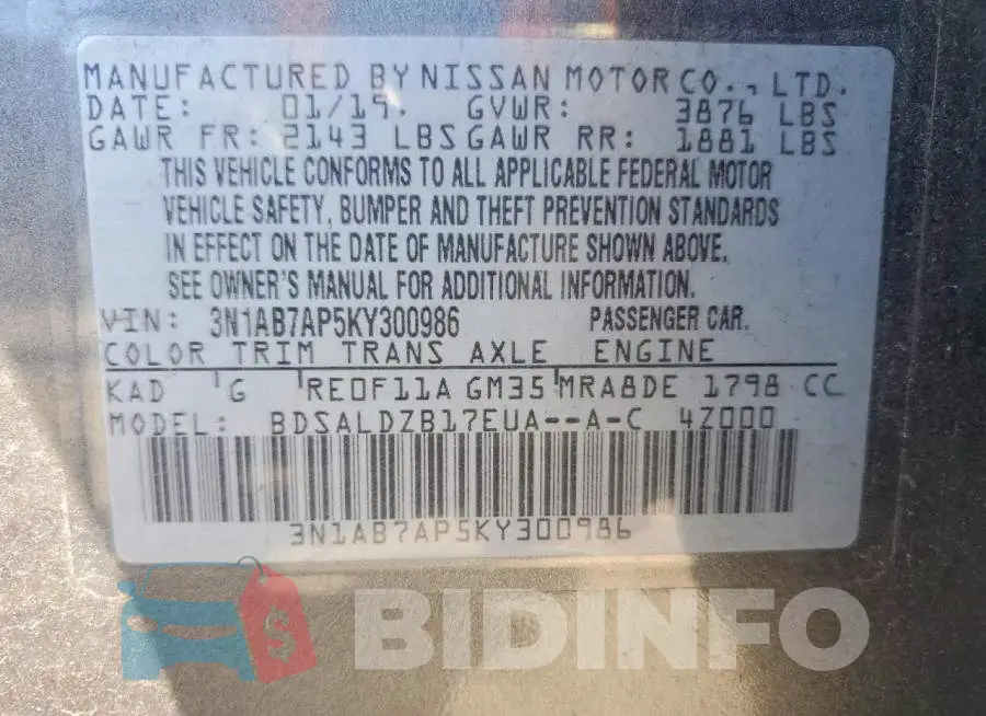 3N1AB7AP5KY300986 Photo# 12