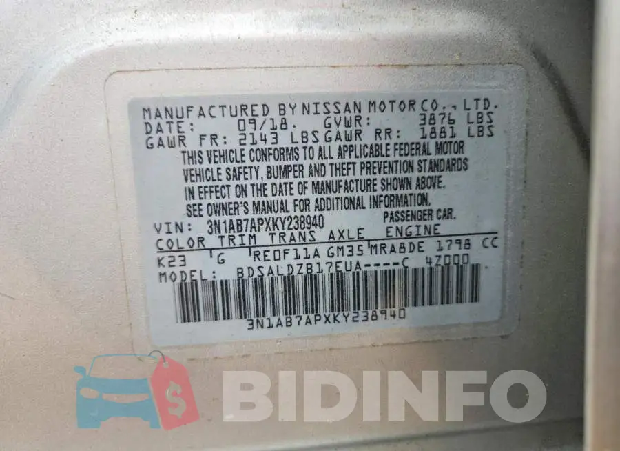 3N1AB7APXKY238940 Photo# 13