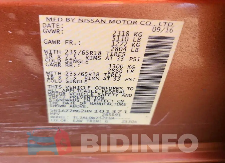 5N1AZ2MG2HN101371 Photo# 13