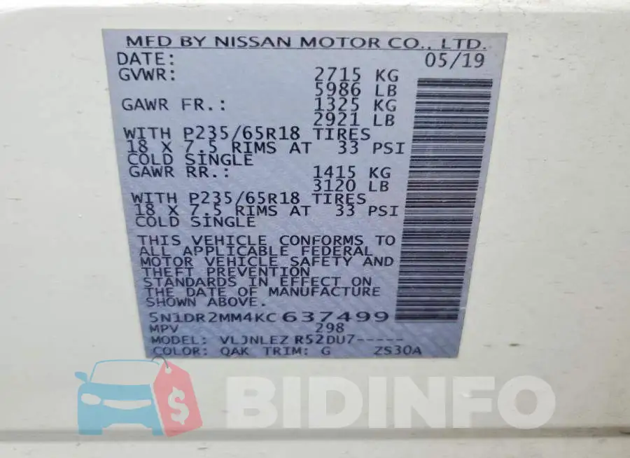 5N1DR2MM4KC637499 Photo# 13