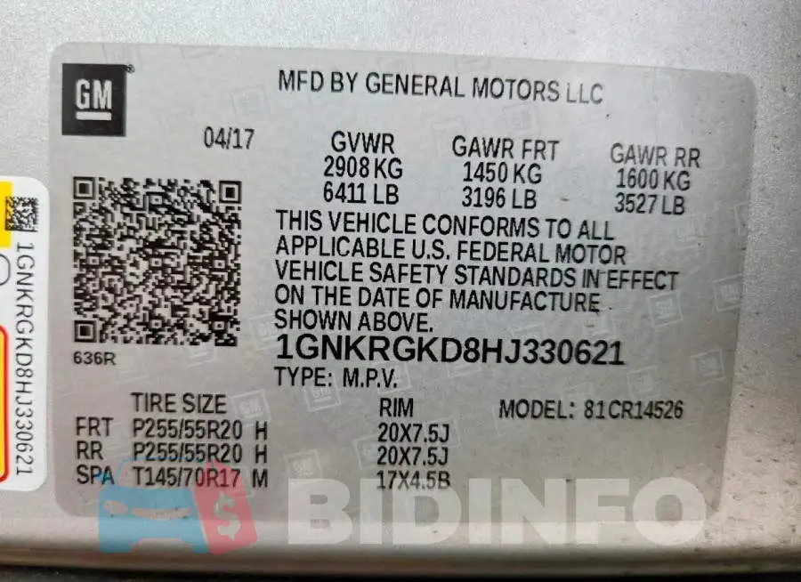 1GNKRGKD8HJ330621 Photo# 13