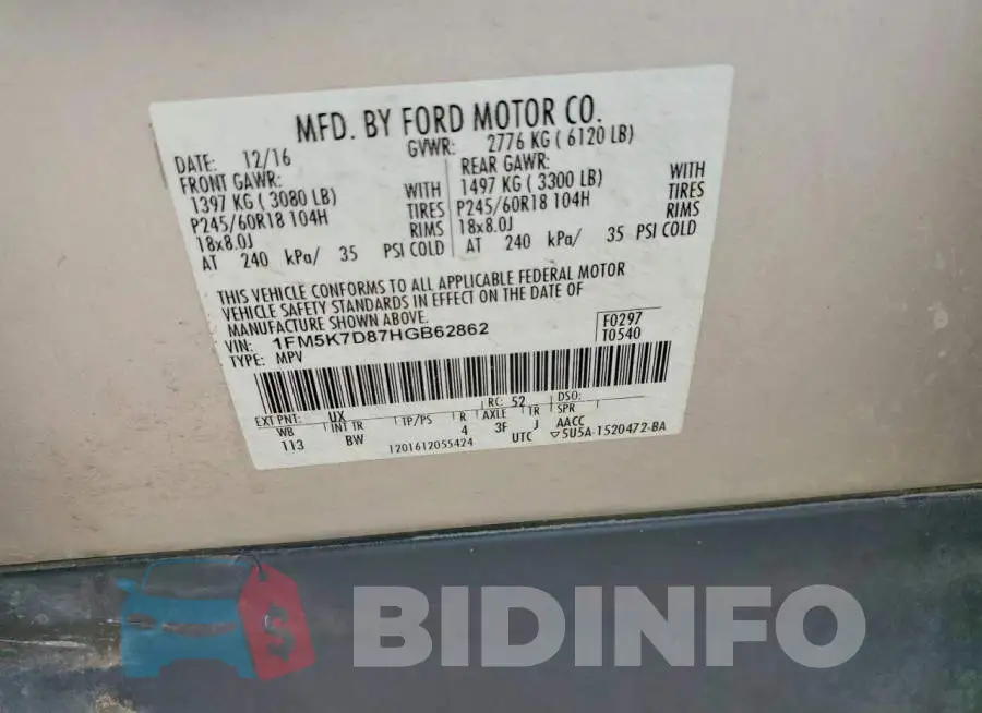 1FM5K7D87HGB62862 Photo# 13