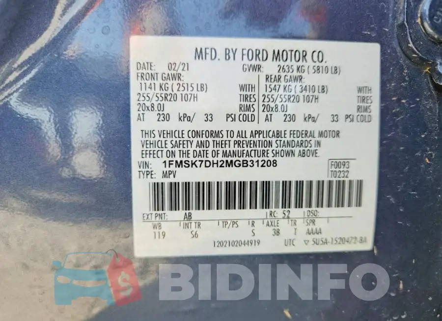 1FMSK7DH2MGB31208 Photo# 14