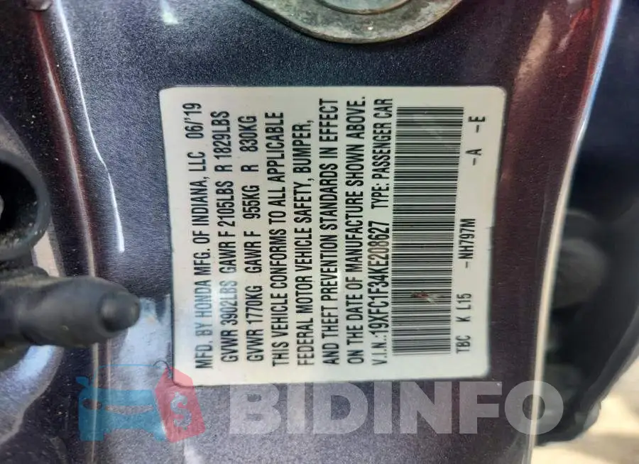 19XFC1F34KE208627 Photo# 12
