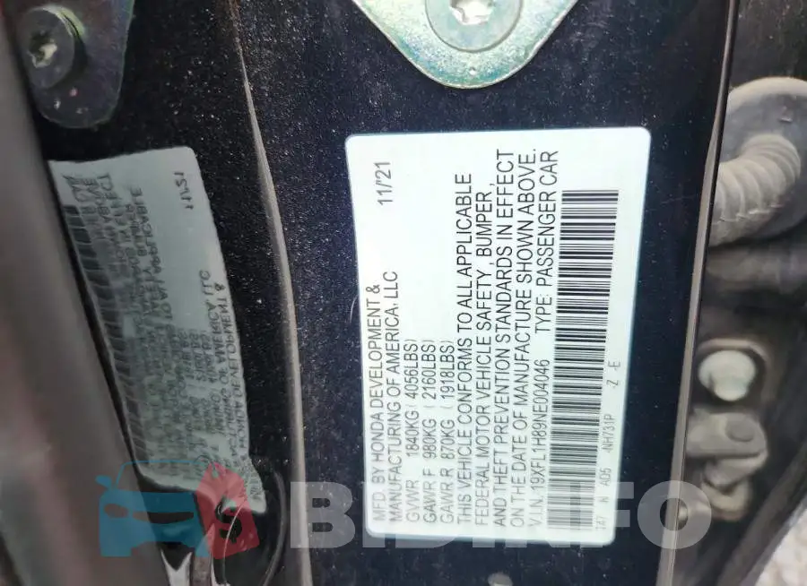 19XFL1H89NE004046 Photo# 12