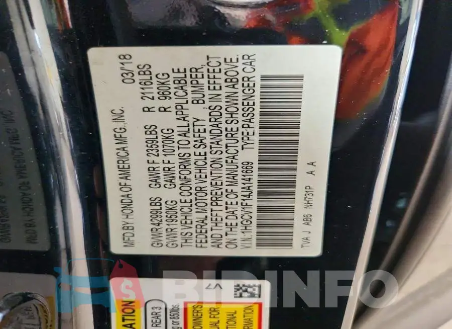 1HGCV1F14JA141669 Photo# 12
