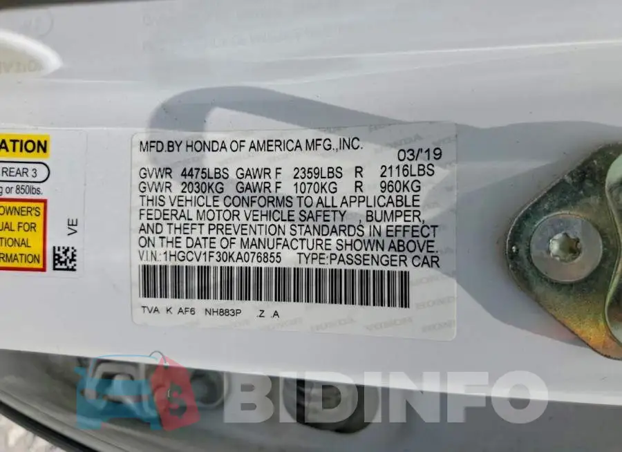 1HGCV1F30KA076855 Photo# 12