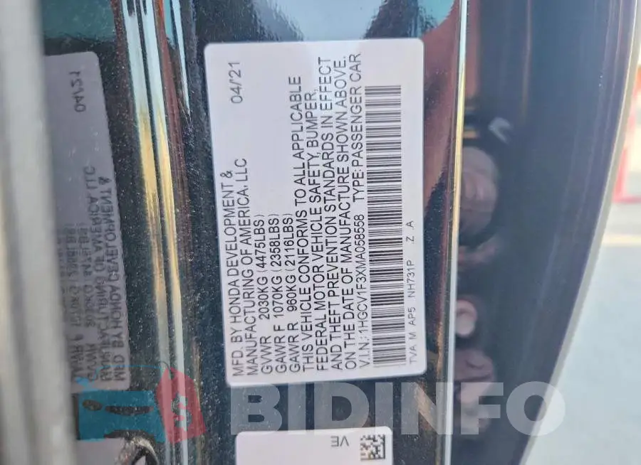1HGCV1F3XMA058558 Photo# 12