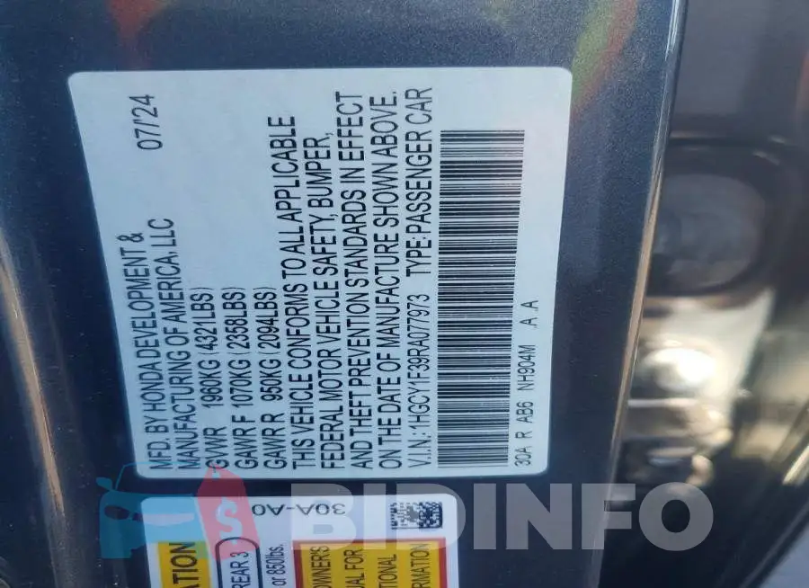 1HGCY1F39RA077973 Photo# 12