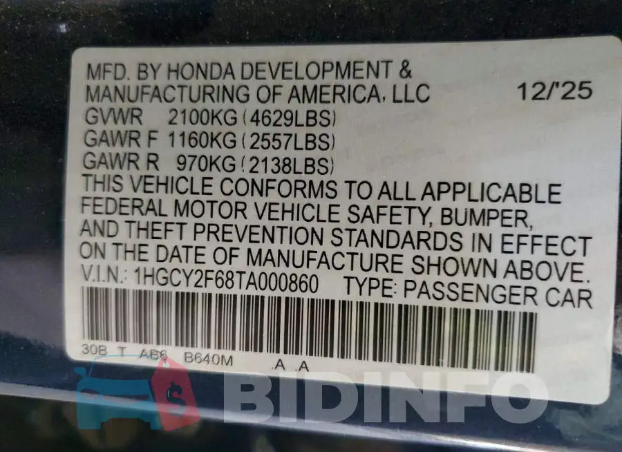 1HGCY2F68TA000860 Photo# 12