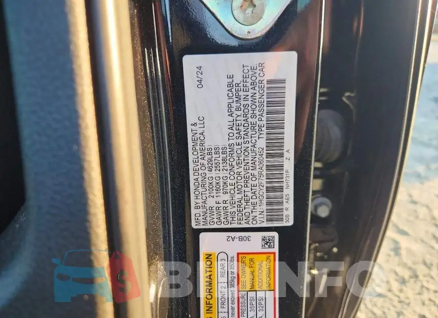 1HGCY2F75RA060452 Photo# 12