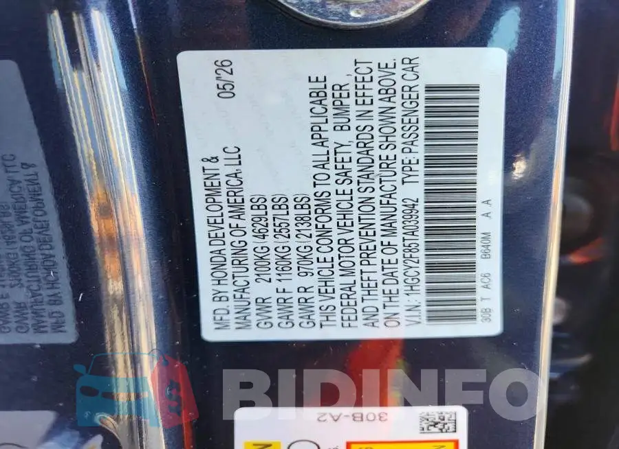 1HGCY2F85TA039942 Photo# 12