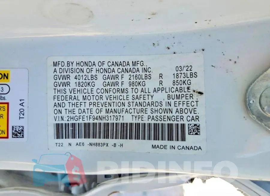 2HGFE1F94NH317971 Photo# 13
