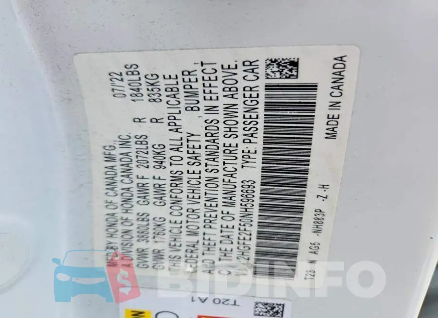 2HGFE2F50NH596693 Photo# 12