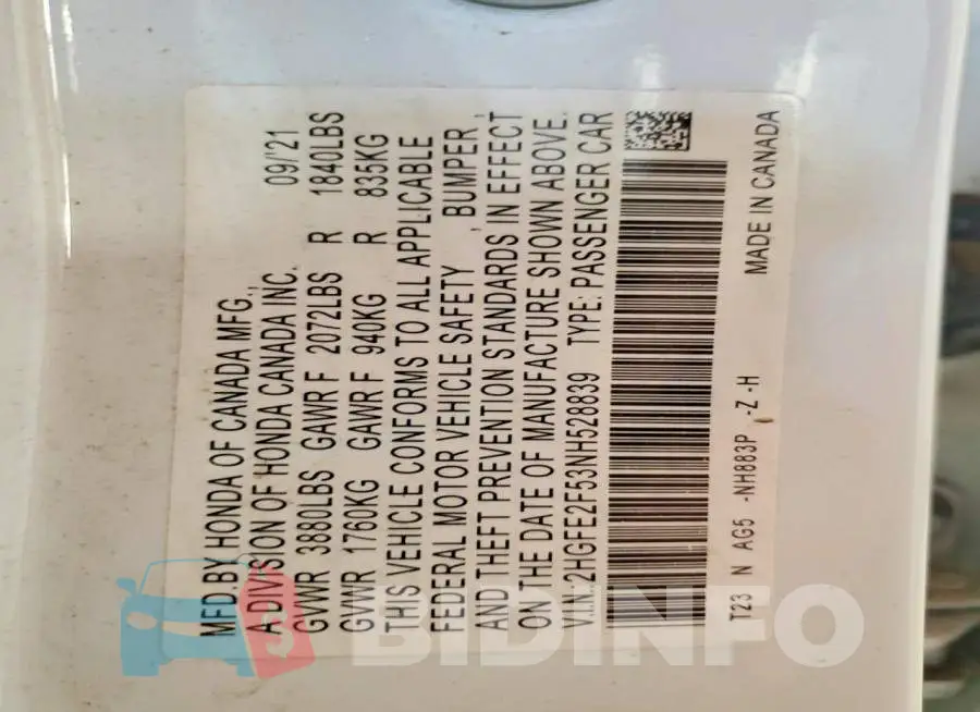 2HGFE2F53NH528839 Photo# 12