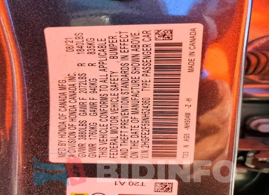2HGFE2F59NH524360 Photo# 13