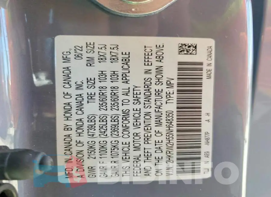 2HKRW2H55NH648350 Photo# 13