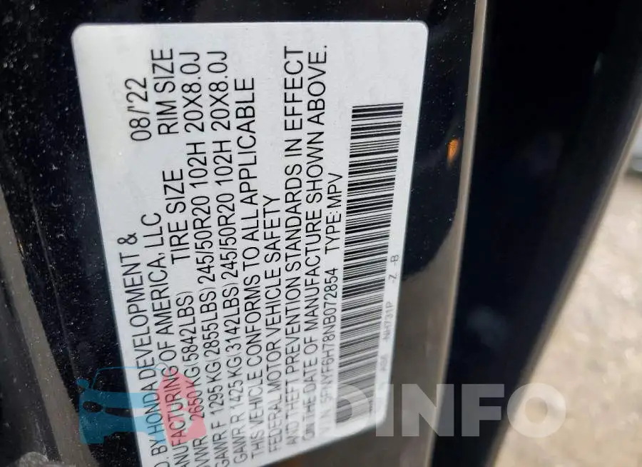 5FNYF6H78NB072854 Photo# 13
