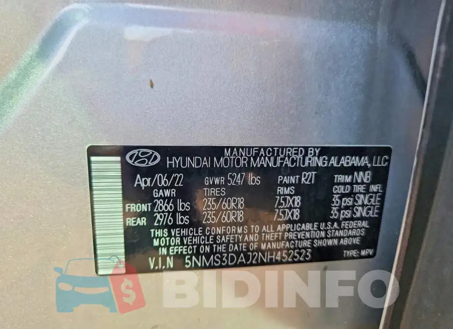 5NMS3DAJ2NH452523 Photo# 13