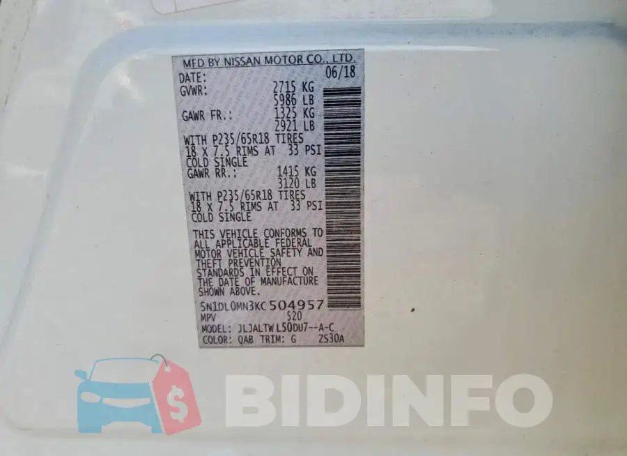 5N1DL0MN3KC504957 Photo# 13