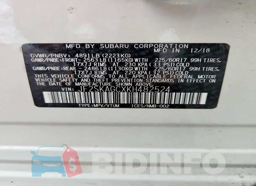 JF2SKAGCXKH482524 Photo# 13