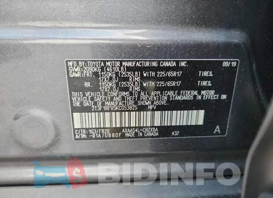 2T3F1RFV5KC053825 Photo# 13
