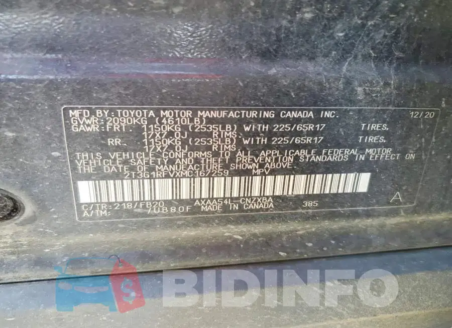 2T3G1RFVXMC167259 Photo# 13